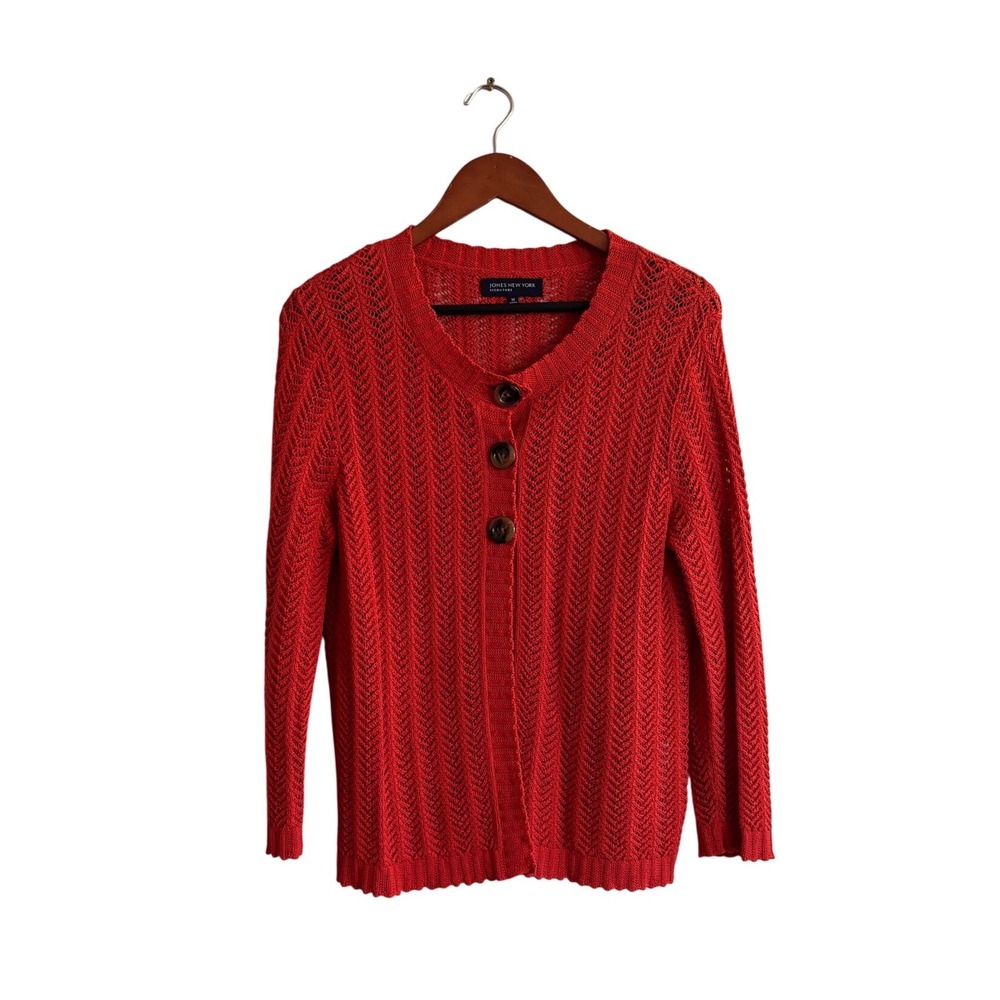 Jones New York Signature Red Pointelle Chevron Knit Cotton Cardigan Sweater M